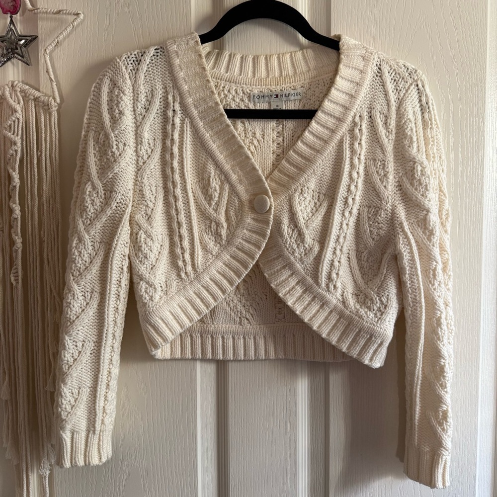 Tommy Hilfiger Cream Cable Knit Shrug Cropped Button Front Cardigan Size M